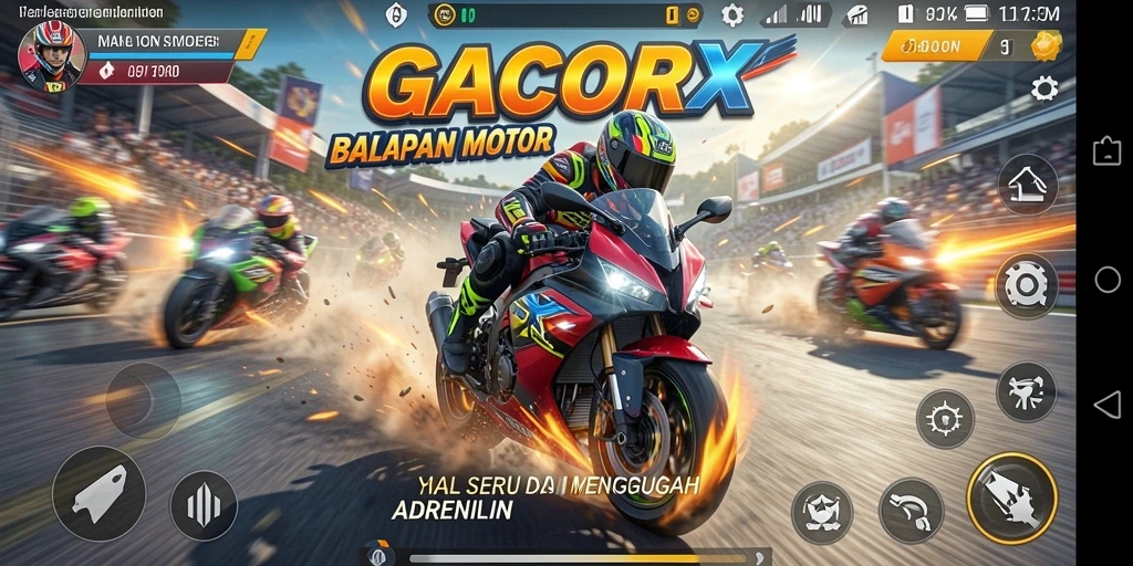 Tangkapan layar utama menampilkan aksi balapan motor yang mendebarkan di GACORX.