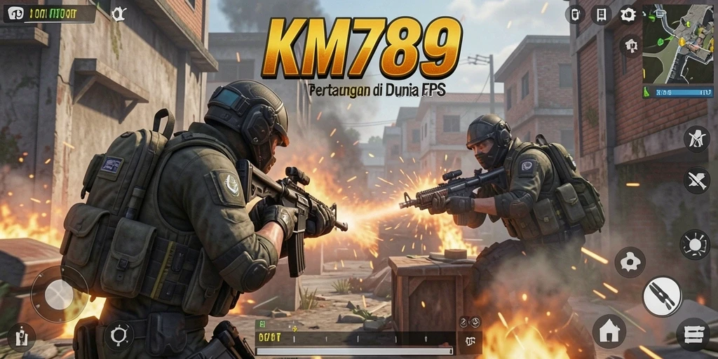 Menampilkan aksi tembak-menembak dalam game FPS KM789.