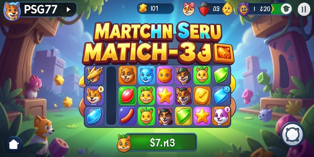 Tangkapan layar PSG77 menampilkan aksi seru gameplay Match-3.