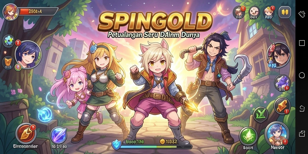 Tampilan gameplay SPINGOLD dengan karakter anime yang beraksi.